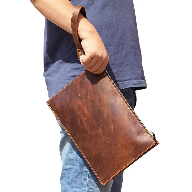 Bolsa de envelope louca ultra-fina masculina, bolsa de couro genuíno com zíper de grande capacidade para carteira