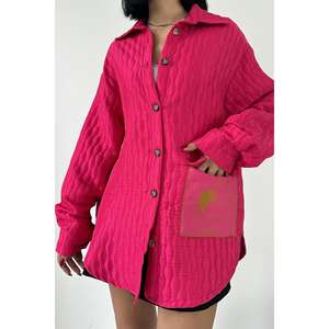 Fuchsia Quilted Shirt Women Casual Button <b>Down</b> Blouse Polyester Candy Color Everyday Wear Oversized Long Sleeve Top - Product Image 2