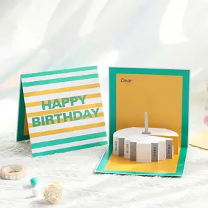 生日贺卡黄绿色蛋糕卡创意手工纸雕3d卡通卡批发