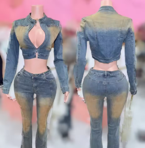 Viviblook Z1105ST01 Ensemble streetwear vintage pour femmes grande taille, ensemble en jean, nouvelle veste à manches longues élastique, pantalon évasé - Product Image 1