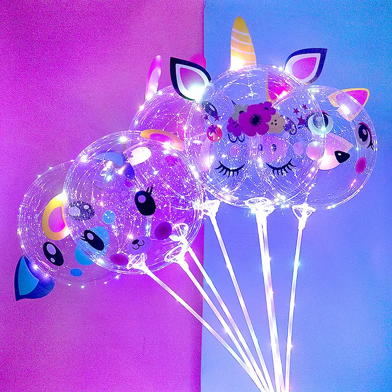 Ballons de fête dessin animé licorne cochon autocollant lumière LED ballons Bobo transparents