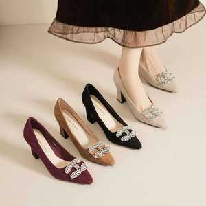 Escarpins noirs en daim à bout pointu avec décoration en strass, talon bloc, chaussures de bureau, taille 35 - Product Image 3