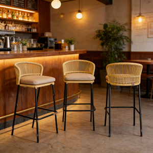 Modern, Minimalist, Casual High-back <strong>Dining</strong> <strong>Stool</strong> for Restaurants, Kitchens, Pubs, and bar Counters - Made of Rattan. - Product Image 1