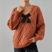 Nouveau Pull Tricoté Décontracté à Col en V et Nœud, Manches Longues, Style Européen et Américain pour Femme 2026 – Tenue Quotidienne, Vente en Gros, Personnalisation OEM ODM