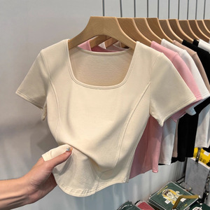 T-shirt estiva da <span class=keywords><strong>donna</strong></span> a maniche corte, vestibilità slim, <span class=keywords><strong>con</strong></span> scollo quadrato, orlo curvo, scollo ampio e design a spina di pesce. - Product Image 2