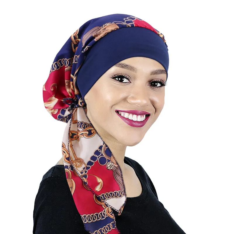 Kadınlar kemo kapaklar çiçek baskılar ipeksi türban önceden bağlı şapkalar saten Bandana kanser Headwraps