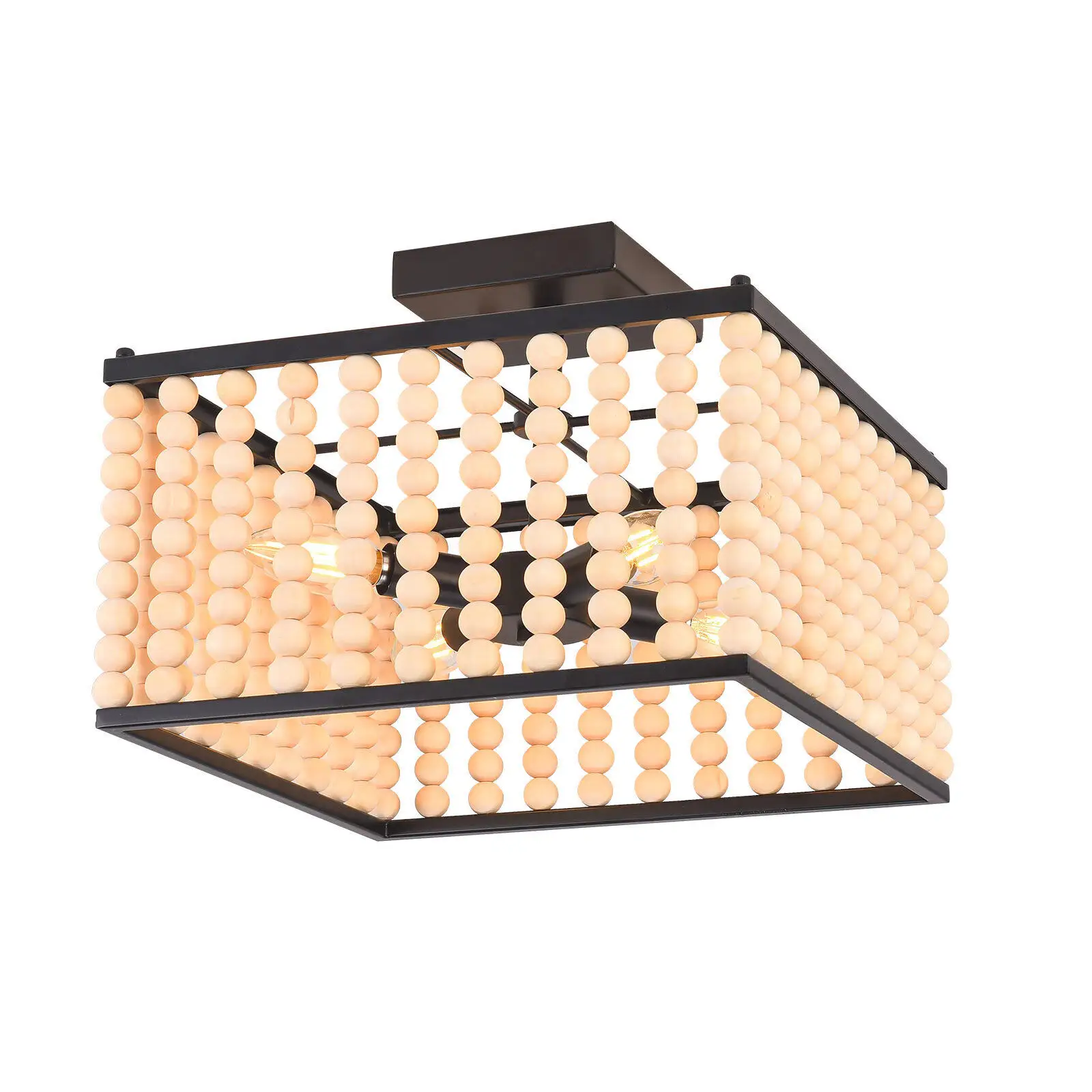 indoor Bohemia 4 Light Square Natural Wood Beaded lantern Semi Farmhouse lamp Flush Mount Ceiling Light