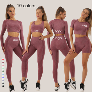 Ensemble de yoga d'entraînement respirant sans couture Fiess Sportswear 4 pièces Haut court à manches longues Soutien-gorge Shorts Leggings Pantalons Spandex/Nylon Uni - Product Image 2