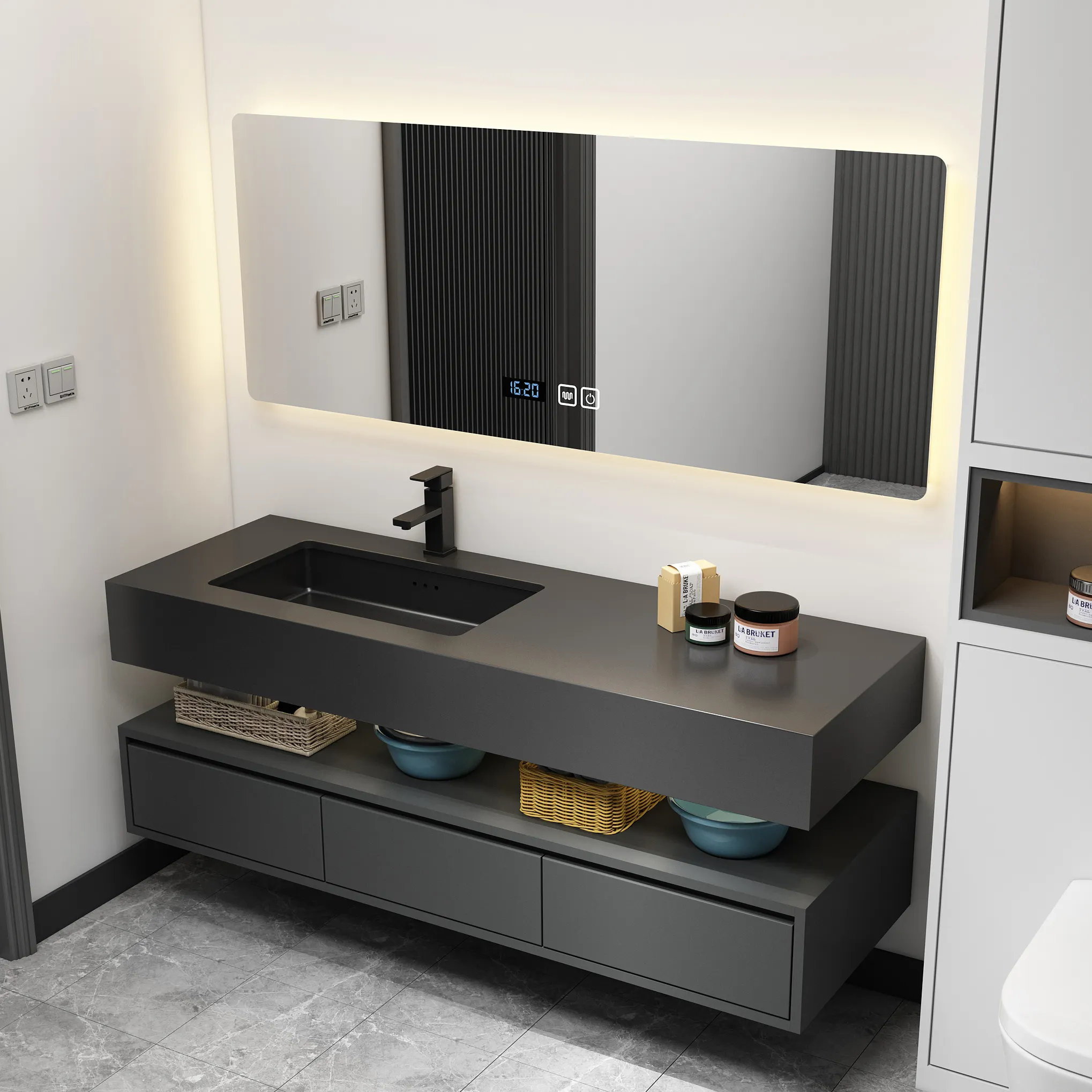 ready to buy Wall Mounted Matte Black Slate Bathroom Cabinet Vanity Set Single Sink Floating Vanity With Mirror