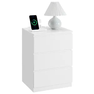 VASAGLE White Bedside Table 3 Drawers Night Stand with Charging Station