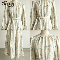 Robe élégante pour femme, en satin, à manches longues bouffantes, à motif floral, avec ceinture, collection printemps, vente en gros d'usine OEM