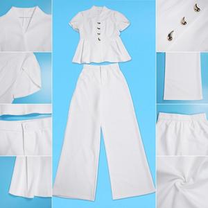 Tenues d'été pour femmes, haut élégant à manches bouffantes et boutons en forme de bourgeon de fleur + pantalon droit, ensemble deux pièces pour femmes, vêtements de bureau - Product Image 6