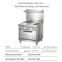 Cuisinière commerciale multifonctionnelle à gaz naturel de style américain en acier inoxydable avec 4 brûleurs, plaque de cuisson et four, avec dossier, 568x590x270mm
