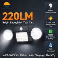 Lampe murale solaire à 2 têtes, 220LM, 44 LED, avec détecteur de mouvement PIR, micro-lumière, étanche IP65, pour jardin