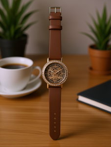 Orologio da Donna con Cinturino in Pelle, Cassa Rotonda Placcata Oro, Lunetta con Diamanti, Smartwatch alla Moda in Colori Misti - Product Image 2