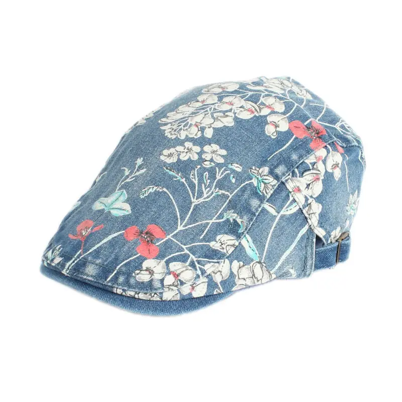 Großhandel klassische Mode gedruckt Blumen Unisex Baumwolle Denim Blue Newsboy Maler Baskenmütze Hut Custom Ivy Caps