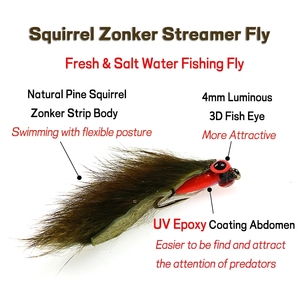 4 pz #6 #8 oliva/rosso-marrone striscia di scoiattolo Zonker Fly Streamers con 3D occhio luminoso <span class=keywords><strong>trota</strong></span> luccio Bass Fishing Lure Bait - Product Image 2