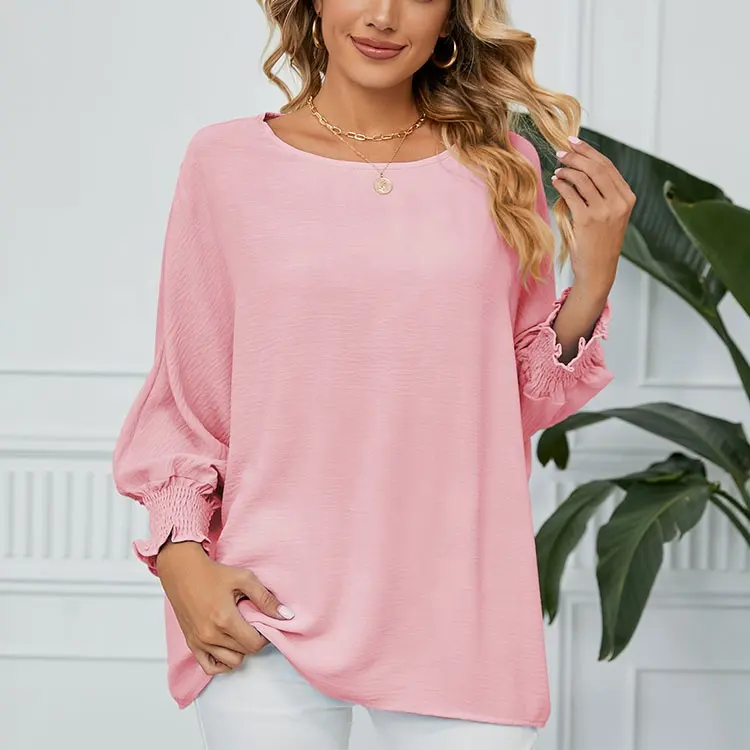 Bahar ve yaz butik batı tarzı pembe kadın t-shirt moda düz renk gevşek bayanlar bluz kazak Tops