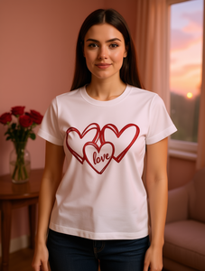 T-shirt da donna a maniche corte con scollo rotondo, 100% cotone, stampa con motivo a cuore, regalo di San Valentino, abbigliamento casual leggero - Product Image 2
