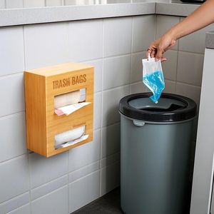 Bamboo Trash Bag <b>Storage</b> <b>Box</b> Double Layer Wall Mount For <b>Kitchen</b> Household Use - Product Image 1