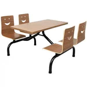 Fastfood School Bedrijf Kantine Meubels Siamese Tafels En Stoelen Metalen Frame Houten Eettafel Set 4 Zits