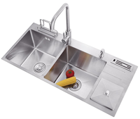 Évier de cuisine double en acier inoxydable 304 fait main avec égouttoir, porte-couteaux et poubelle