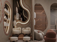 Service de design d'intérieur pour salon de beauté : écran en bois personnalisé et étagères de présentation pour produits de soin – Aménagement de boutique