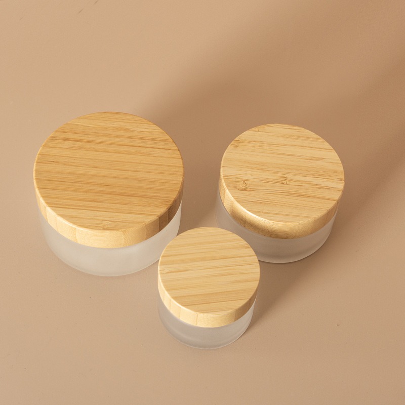 cosmetic jar frosted glass bamboo 200ml