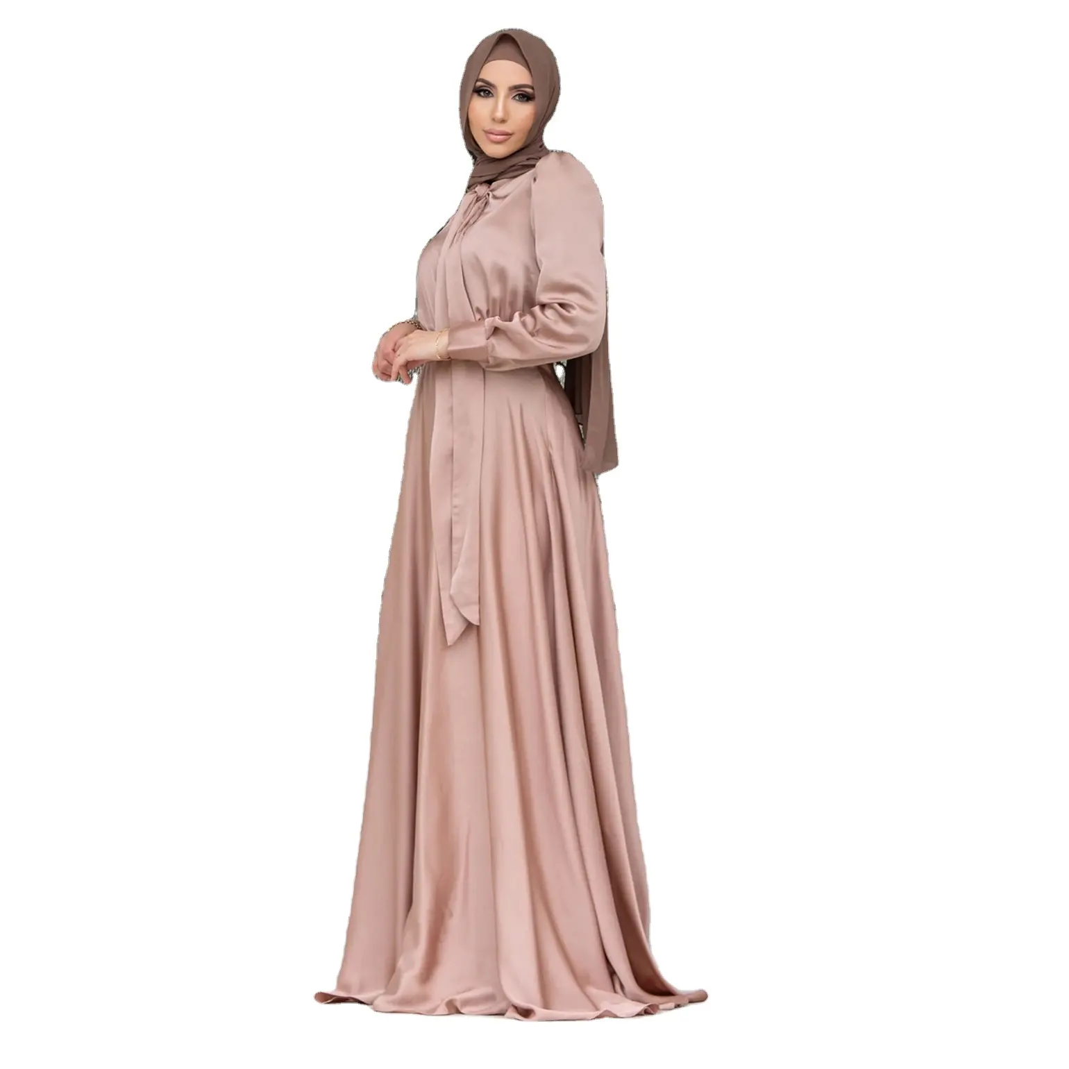 무슬림 여성의 원피스 파티 원피스 큰 치마 스윙 새틴 원피스 허리 넥타이 디자인