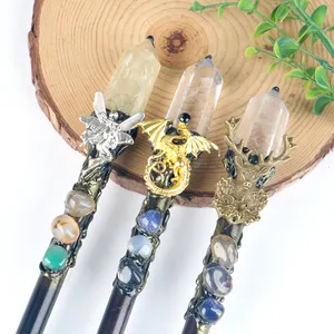 도매 보석 마술 지팡이 자수정 로즈 석영 황수정 투명 석영 무지개 불석 스틱 장식