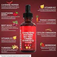 OEM 60ml Gouttes liquides orales de soutien immunitaire à base de Cayenne, Aubépine, Vitamine D3 K2, Betterave non-OGM et Curcumine