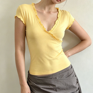 V-Neck Slim Fit Breathable Eco-Friendly Digital Printing Knit <b>Top</b>-Pure Sexy Solid Color for Women - Product Image 4