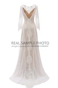 830A #100% Mẫu Thực Hình Ảnh Sweep Train Dài Tay Áo Backless O-Cổ Ren Boho Bohemian Bãi Biển Wedding Dress Bridal Gown