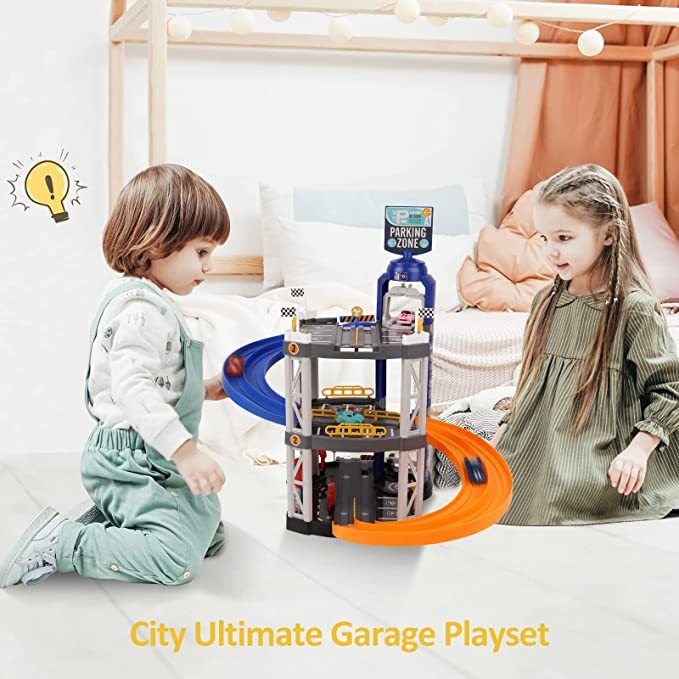Little Log Garage En Bois 3 Étages Avec Ascenseur Et Hélicoptère - 21 Pièces Jeu Voiture Pour Enfants Dès 3 Ans Stationnement En Bois