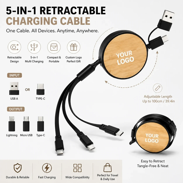 5 in 1 Multi Charging Cable Retractable Cord USB C Adapter Portable Charger Organizer Travel Tech Gift Branding