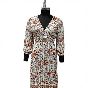 Floral Print V-Neck Midi <b>Dress</b> <b>With</b> Puff <b>Sleeves</b> Elastic Waist Boho Style A-Line Relaxed Fit <b>Summer</b> Casual <b>Dress</b> - Product Image 1