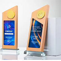 Trophée personnalisé en bois massif et plaque en cristal, badge en métal, trophée créatif en bois et cristal pour anniversaire d'entreprise