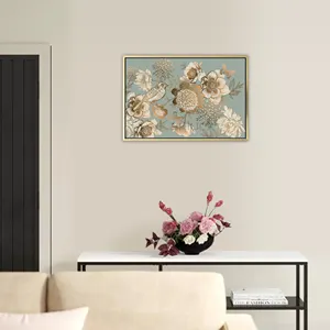 Spring Flower And Birds Framed Print Art Canvas With Golden Foil For Wall Decor