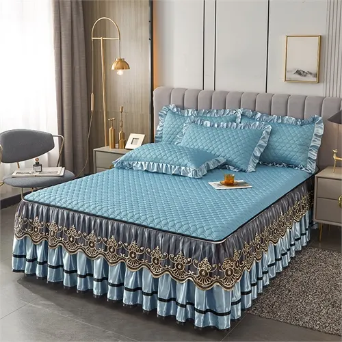 Latex Detachable Summer Cool Mat Embroidery Bed Sheet Solid European Style 3 Pieces Bed Skirts