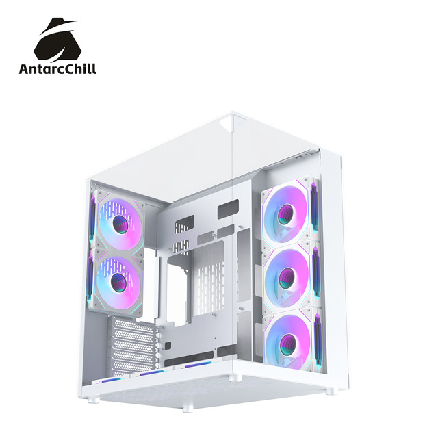 AntarcChill White Full Tower Panoramic Gaming Case Top Front Side Glass Panel 360mm AIO ATX USB 3.0