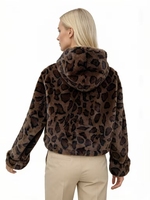 Damen Kunstpelz-Mantel mit Kapuze, Schlanke Passform, Lässiger Stil, Reißverschluss, Dick, Leopardenmuster, Normale Länge, Umweltfreundlich, Weiches Polyester