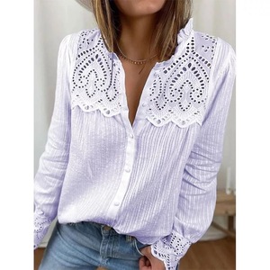 New Women's Lace <b>Patchwork</b> Hollow Stand-up Collar Long-sleeved <b>Shirt</b> Fashion - Product Image 2