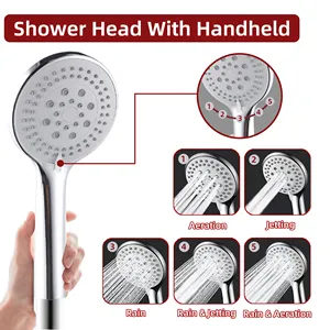 High Pressure 8" Rain Shower Head with Handheld 5 Settings  Long Hose and Brass Diverter