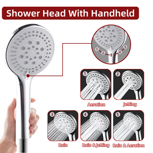 High Pressure 8" Rain Shower Head With Handheld 5 Settings Long Hose And Brass Diverter