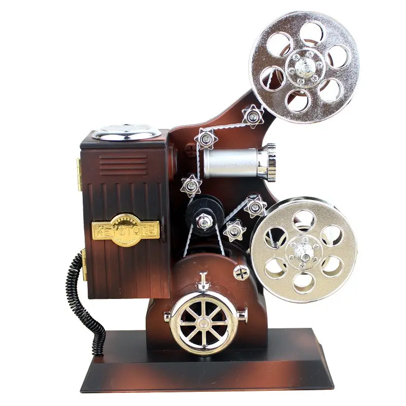 Retro projector music box without battery wood grain black home decoration music box