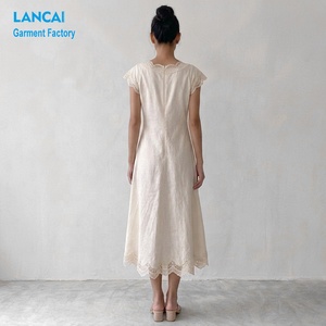 Abito Midi in <span class=keywords><strong>Misto</strong></span> Cotone e <span class=keywords><strong>Lino</strong></span>, Produzione Personalizzata, Bordo in Pizzo, Scollo a V Profondo, Maniche Corte, Traspirante, Vestito Casual da Donna per Resort - Product Image 3