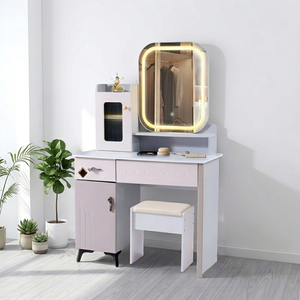 Modern <b>Makeup</b> Vanity <b>Table</b> <b>with</b> <b>Lighted</b> Mirror Storage Cabinet and Stool for Bedroom Furniture - Product Image 3