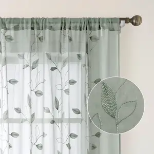 Cortinas transparentes con patrón de hojas bordadas, cortinas de ventana de gasa semitransparente Floral de lino falso con bolsillo/cortinas para dormitorio y sala de estar