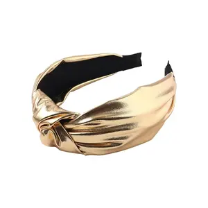 Fast Delivery Pu Leather Top Knot Wide Headband Gold Metallic Hair Hoop Women Turban Head wear