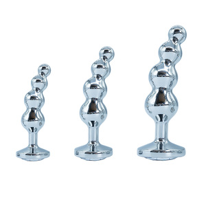 3 Tailles, Plug <span class=keywords><strong>Anal</strong></span> en Acier Inoxydable avec Triple Perles Métalliques à Tirer, Orné de Pierres, Jouet Sexuel de Massage - Product Image 1